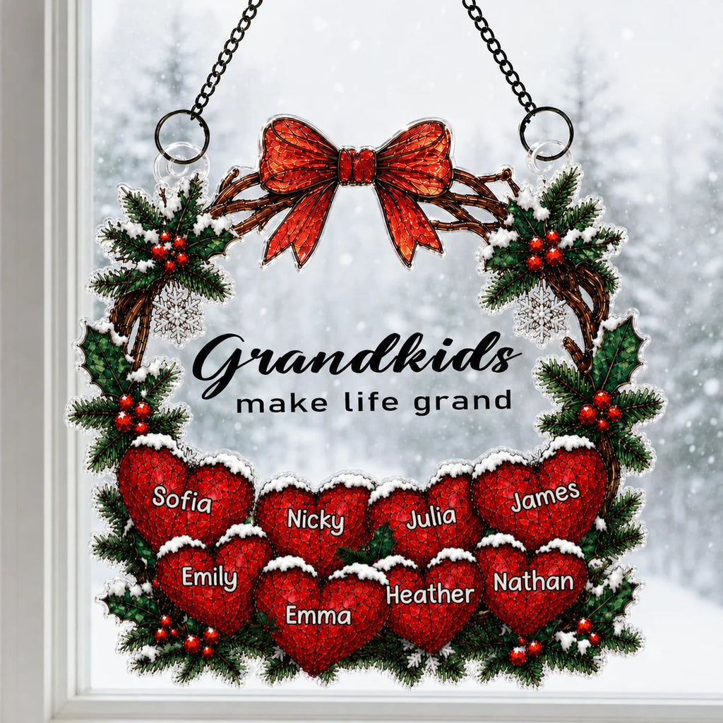 "Grandkids Make Life Grand" Personalized Grandma Suncatcher Ornament - Custom Family Name Christmas Gift Decor