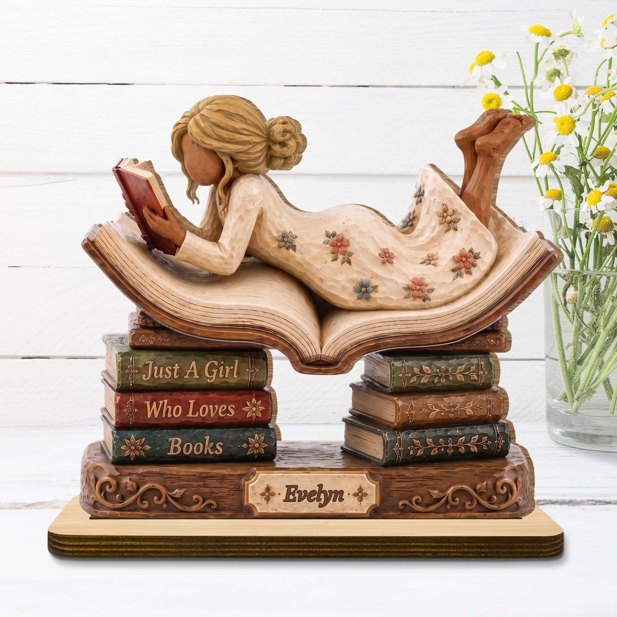 "Just A Girl Who Loves Books" Personalized 2-Layer Wood Plaque - Custom Book Lover Gift for Readers & Bookworms