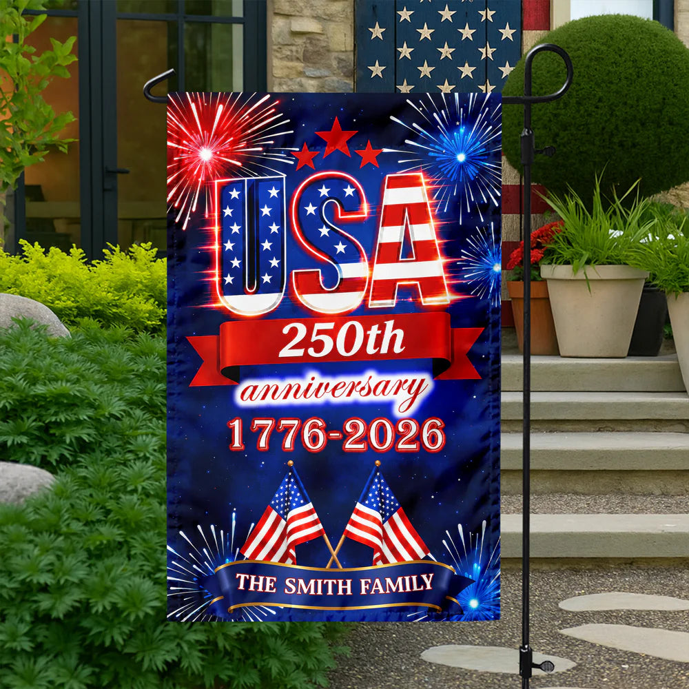 USA 250th Anniversary Personalized Garden Flag - Custom Family Name Fireworks Patriotic Decor