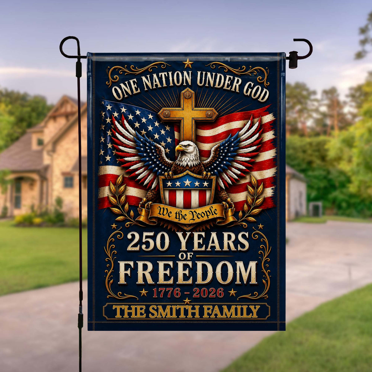 "One Nation Under God" Personalized Garden Flag - Custom Family Name 250 Years of Freedom American Patriotic Decor