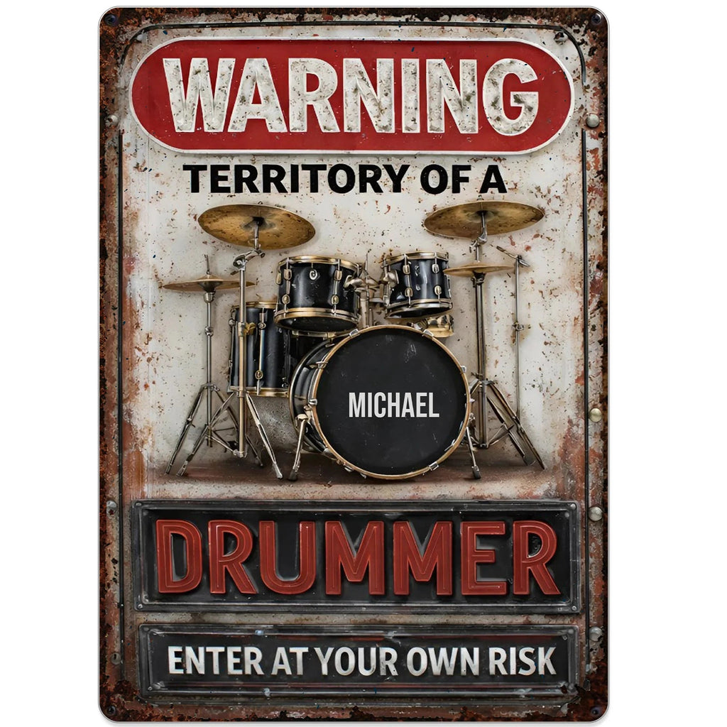 Warning Territory Of A Drummer Personalized Metal Sign - Custom Music Studio Wall Art Gift for Drummers & Musicians