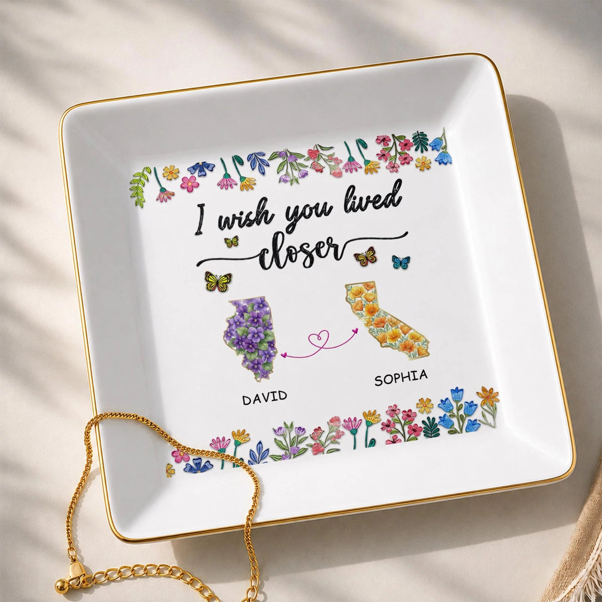"I Wish You Lived Closer" Custom Flower State Map Jewelry Dish - Long Distance Gift for Best Friend