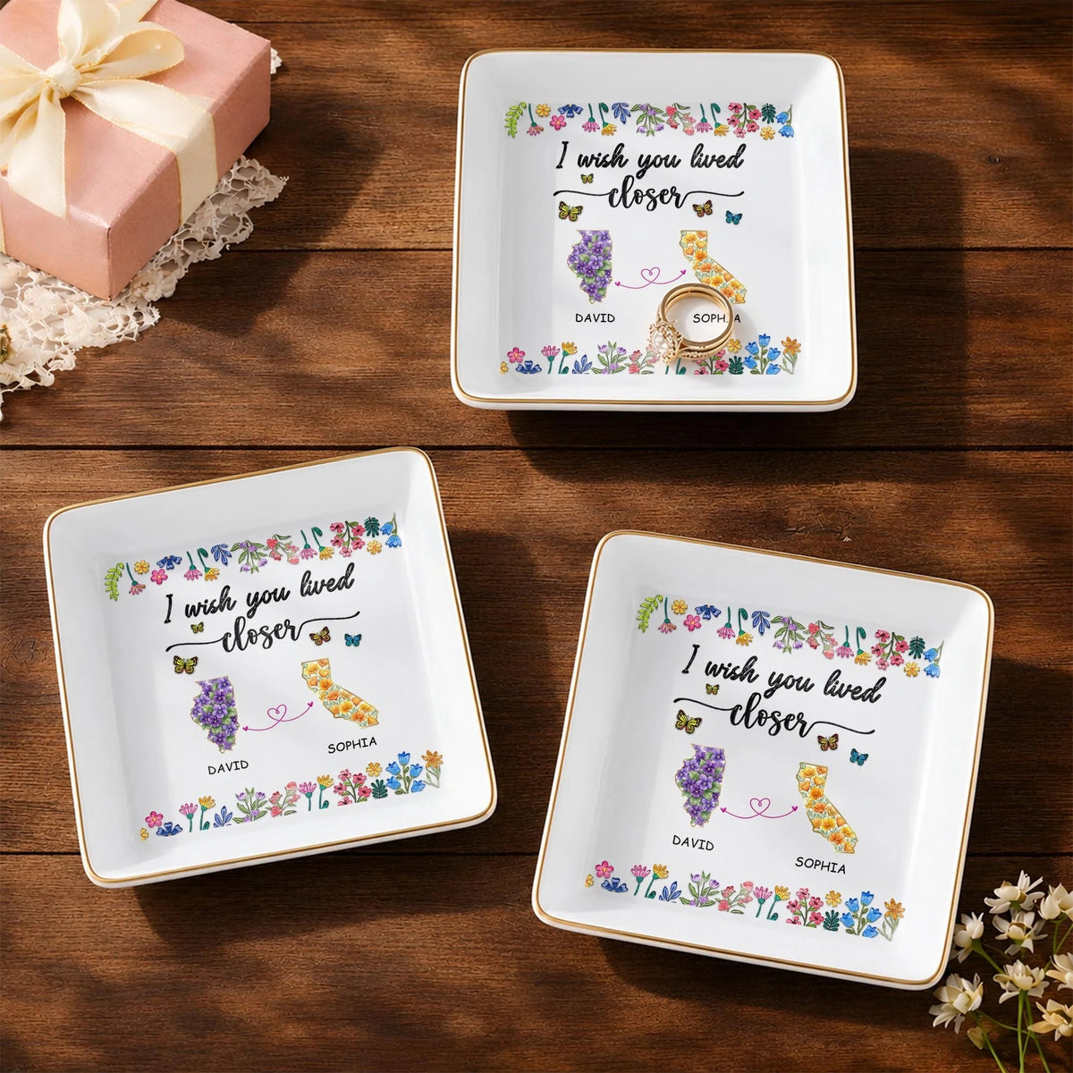 "I Wish You Lived Closer" Custom Flower State Map Jewelry Dish - Long Distance Gift for Best Friend