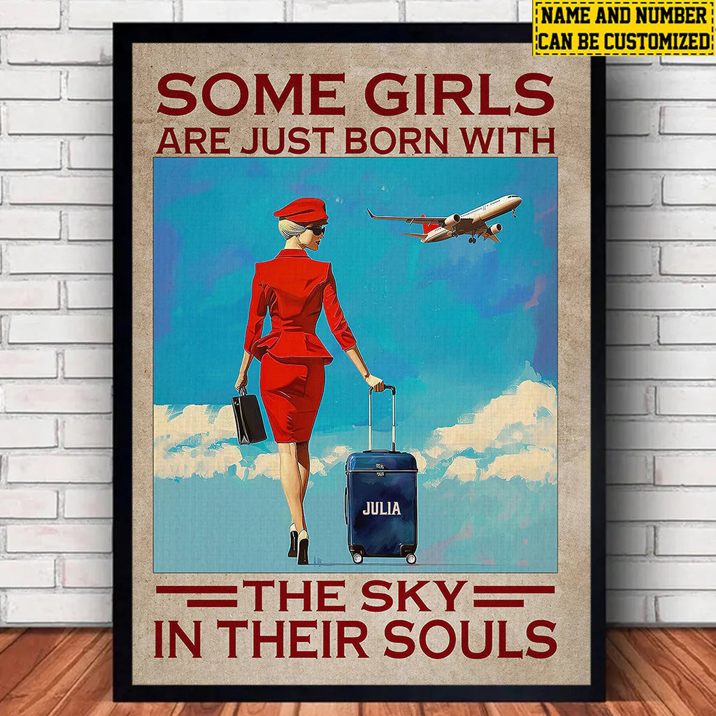 "Some Girls Are Just Born With The Sky" Personalized Stewardess Canvas / Poster - Custom Wall Art Gift for Flight Attendant