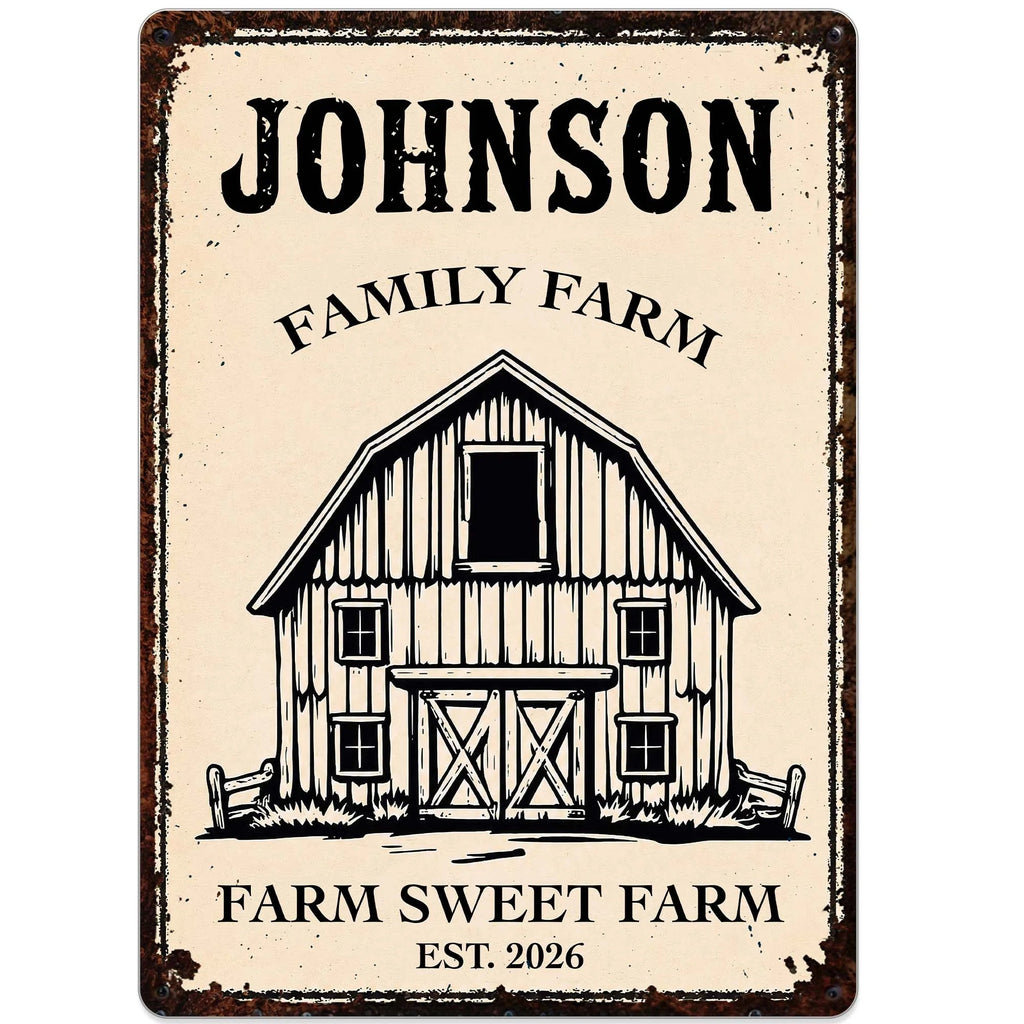 "Farm Sweet Farm" Personalized Metal Sign - Custom Family Name Barn Decor