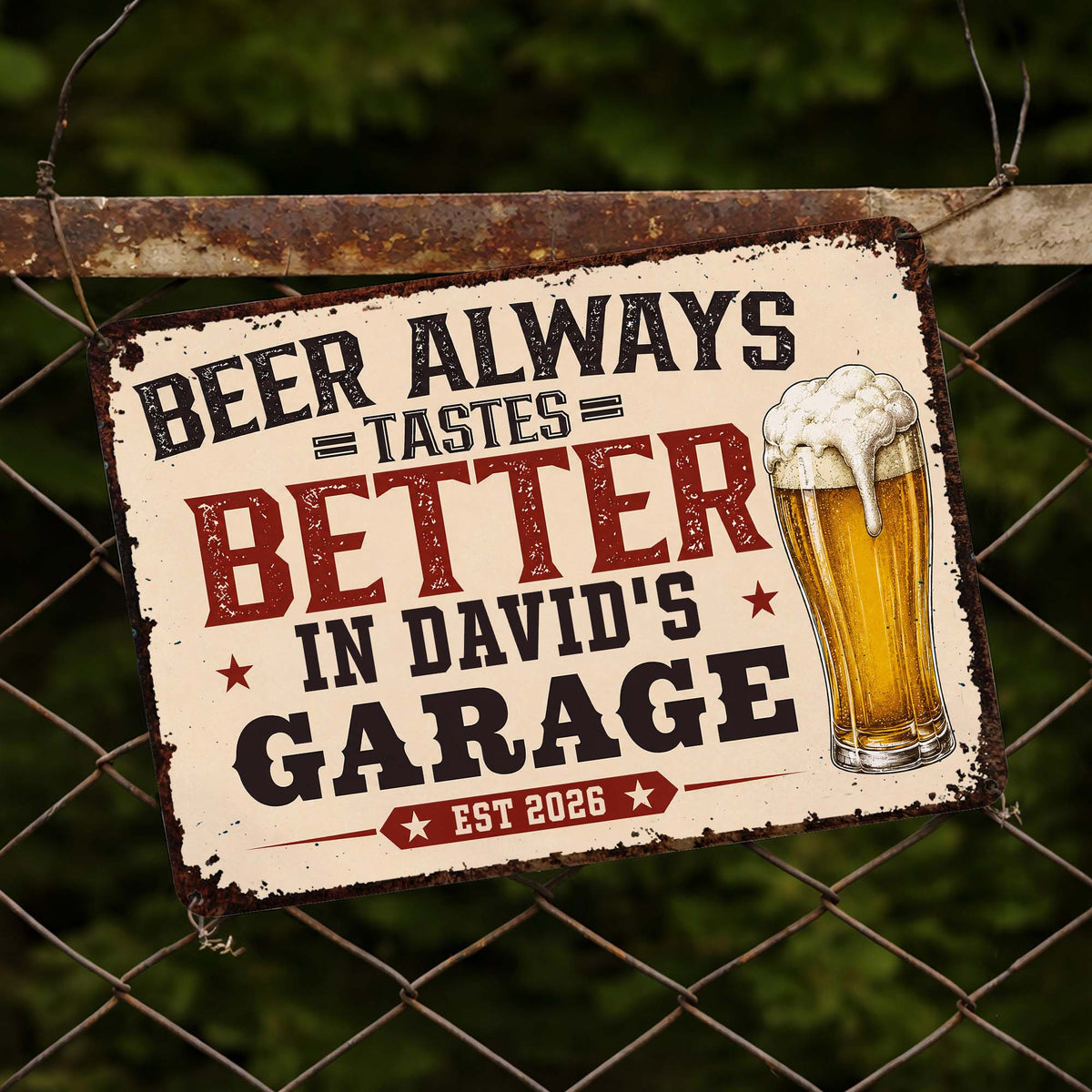 "Beer Tastes Better In My Garage" Personalized Metal Sign - Custom Gift for Beer Lovers