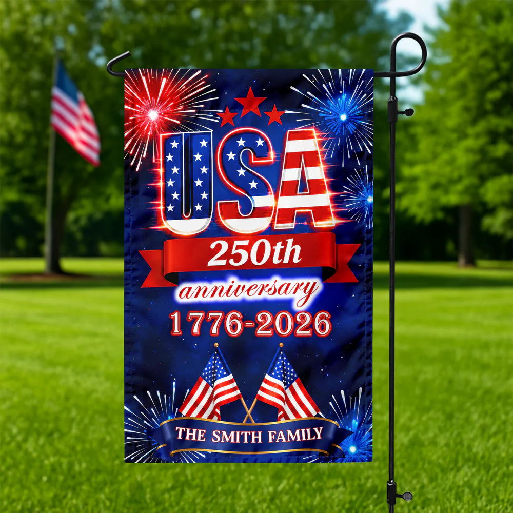 USA 250th Anniversary Personalized Garden Flag - Custom Family Name Fireworks Patriotic Decor