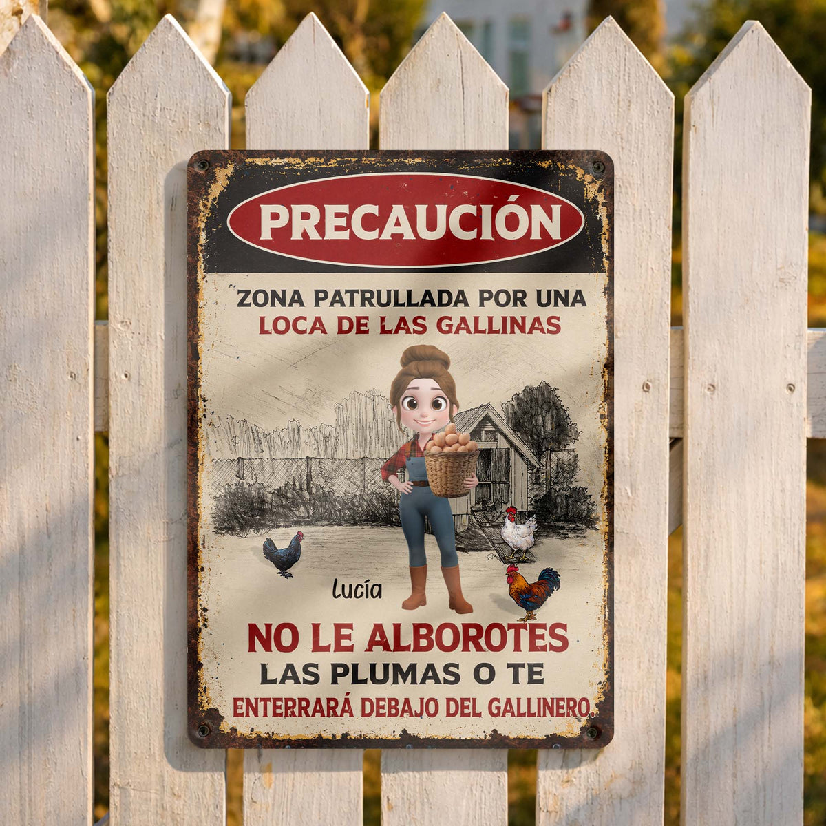 Precaución Zona Patrullada Por Una Loca De Las Gallinas - Personalized Metal Sign for Chicken Lovers Gift