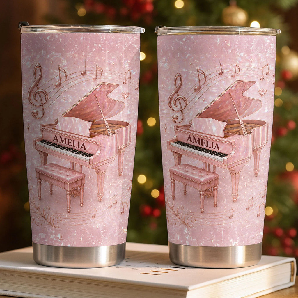 Pink Grand Piano Musical Notes Personalized Tumbler - Custom Gift for Pianist Music Lovers
