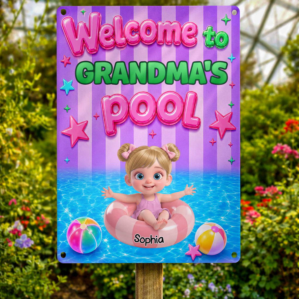 "Welcome to Grandma's Pool" Personalized Metal Sign - Custom Summer Outdoor Pool Decor Gift