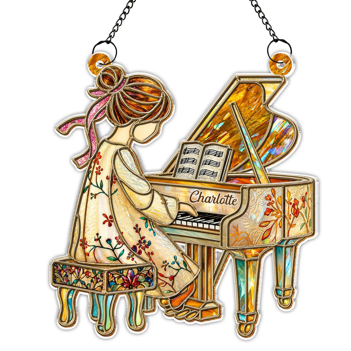 Girl Playing Piano Suncatcher Ornament - Personalized Custom Music Gift for Pianists & Music Lovers