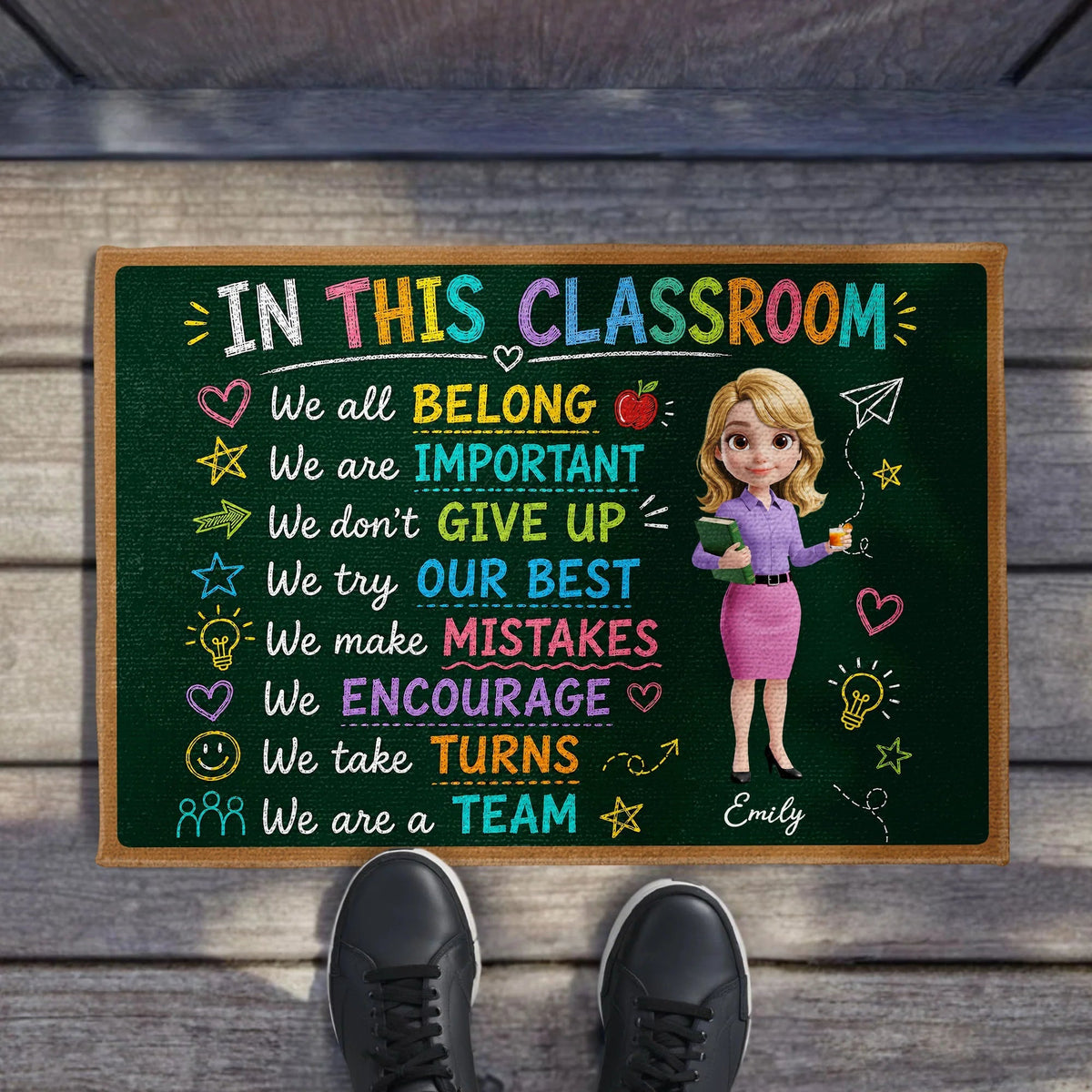 "In This Classroom We All Belong" Personalized Teacher Doormat - Chalkboard Classroom Decor Gift