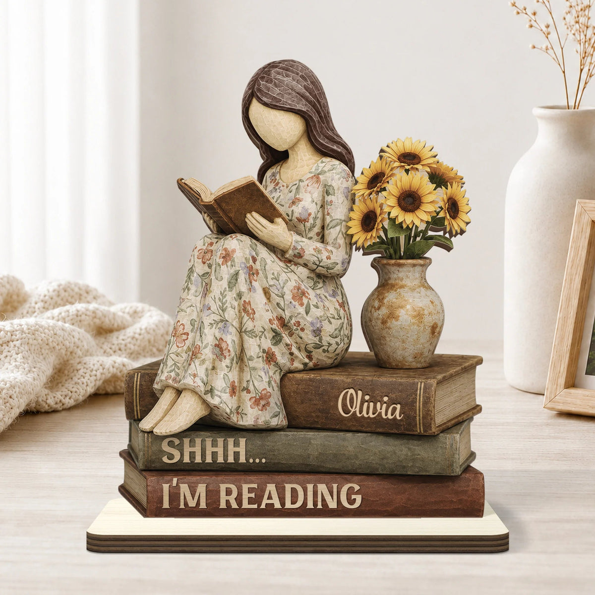 Personalized Book Lover Wooden Plaque - Custom Girl Reading Figurine Desk Gift