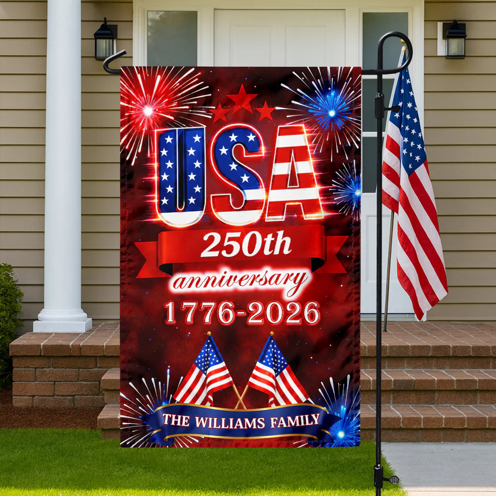 USA 250th Anniversary Personalized Garden Flag - Custom Family Name Fireworks Patriotic Decor
