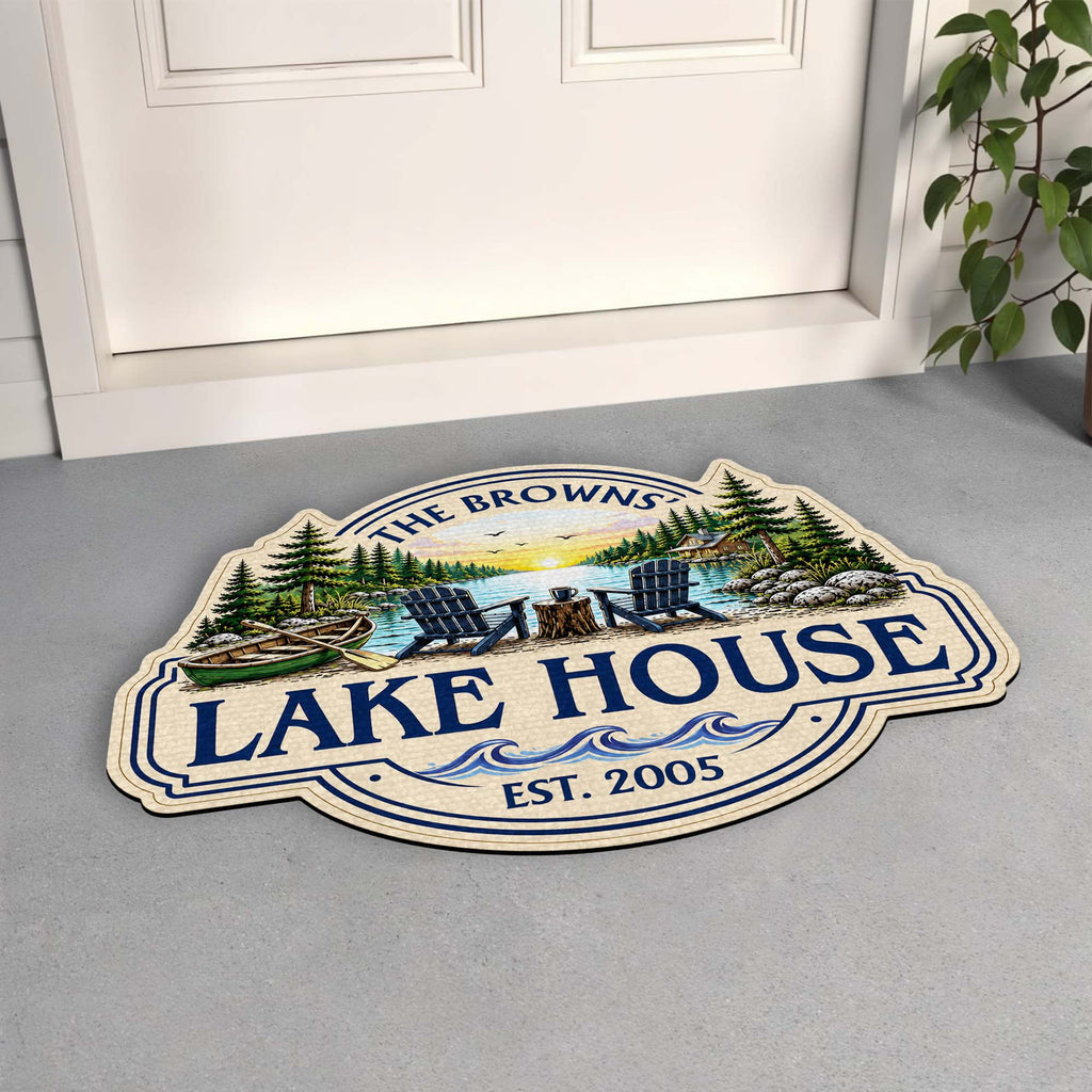 Our Lake House Sunset Adirondack Chairs - Personalized Custom Shaped Doormat Gift for Family