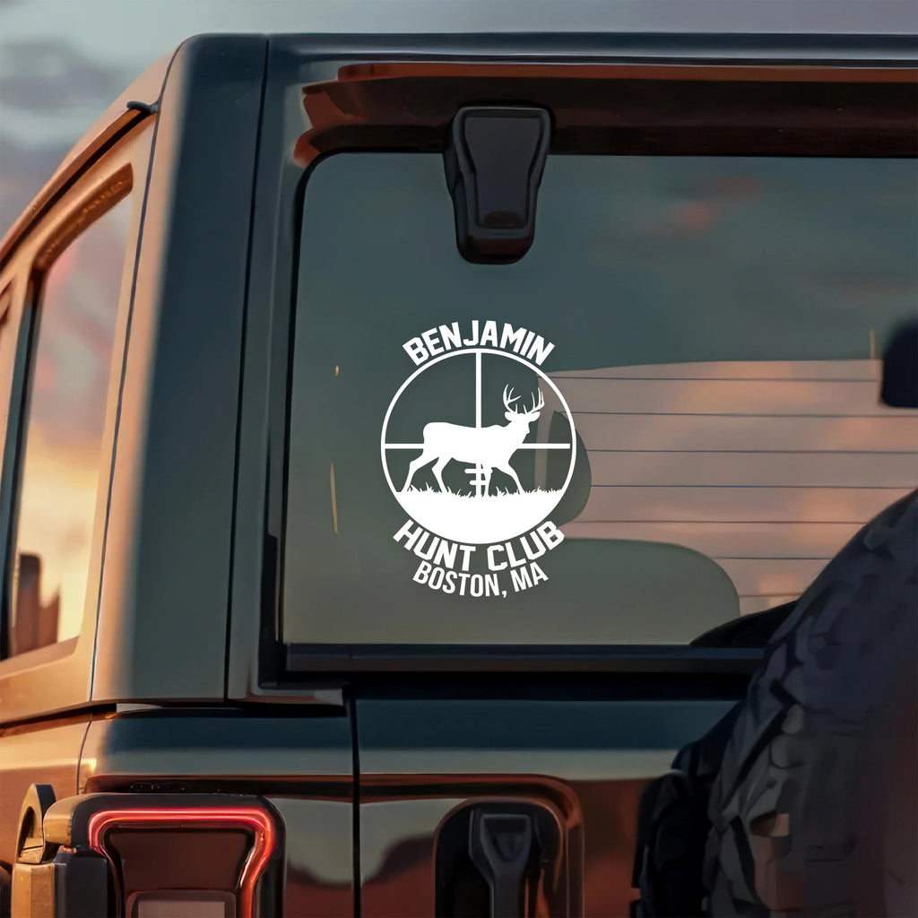 Custom Hunting Club Car Window Decal - Personalized Deer Hunter Sticker Gift