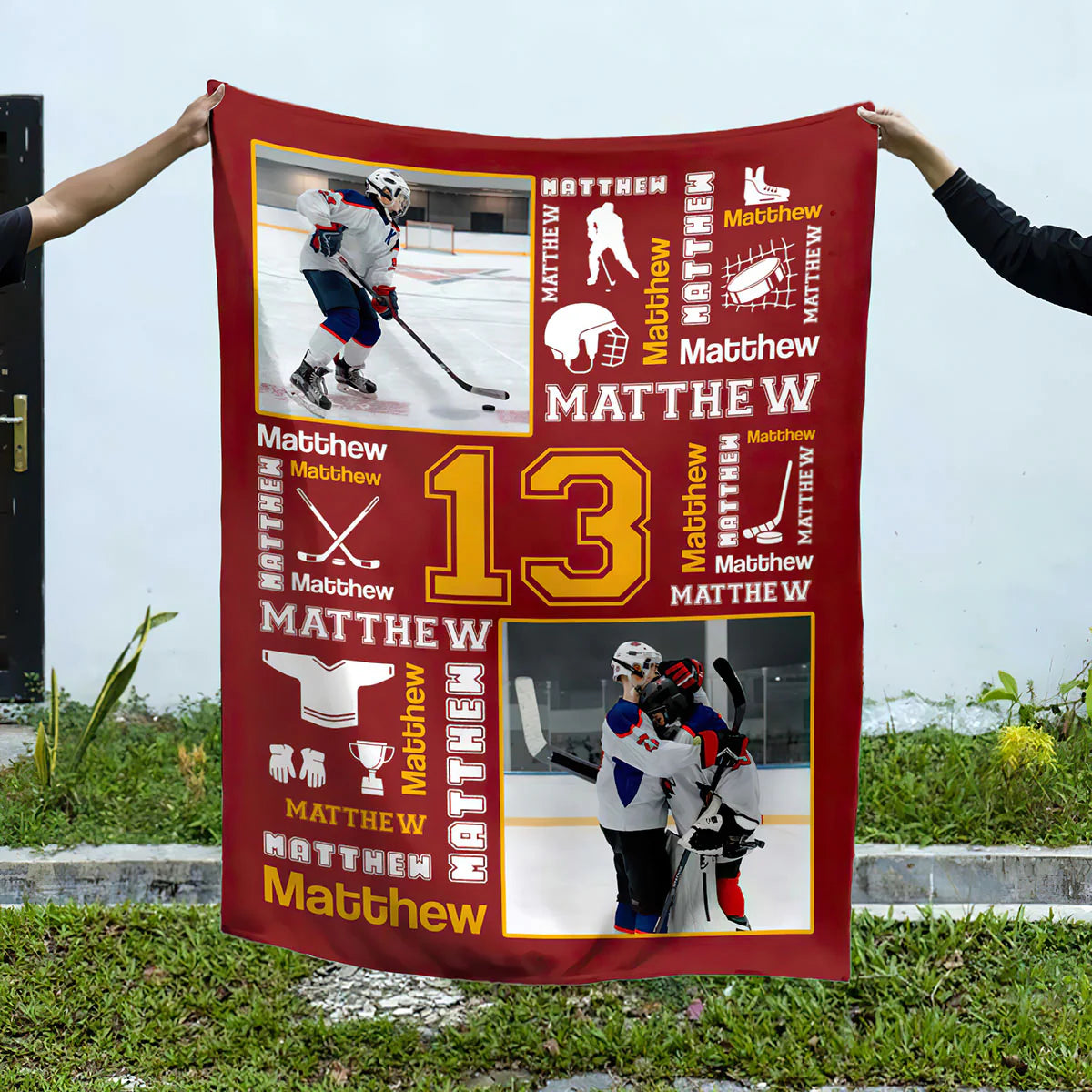 Personalized Hockey Photo Blanket - Custom Name & Jersey Number Gift for Players