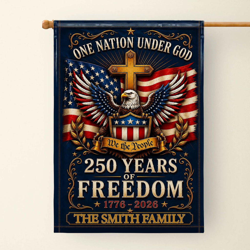 "One Nation Under God" Personalized Garden Flag - Custom Family Name 250 Years of Freedom American Patriotic Decor