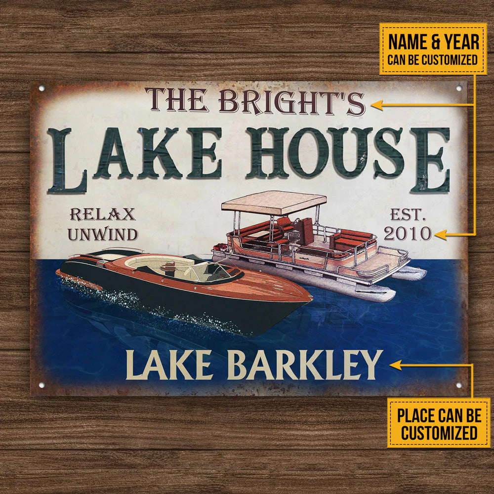 Lake House Relax Unwind Personalized Metal Sign - Custom Pontoon Speedboat Decor Gift