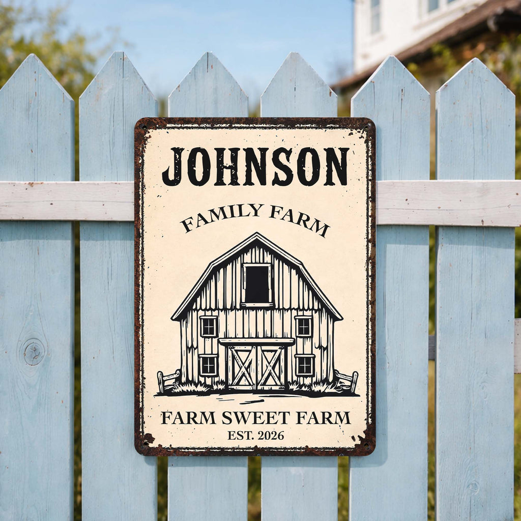 "Farm Sweet Farm" Personalized Metal Sign - Custom Family Name Barn Decor