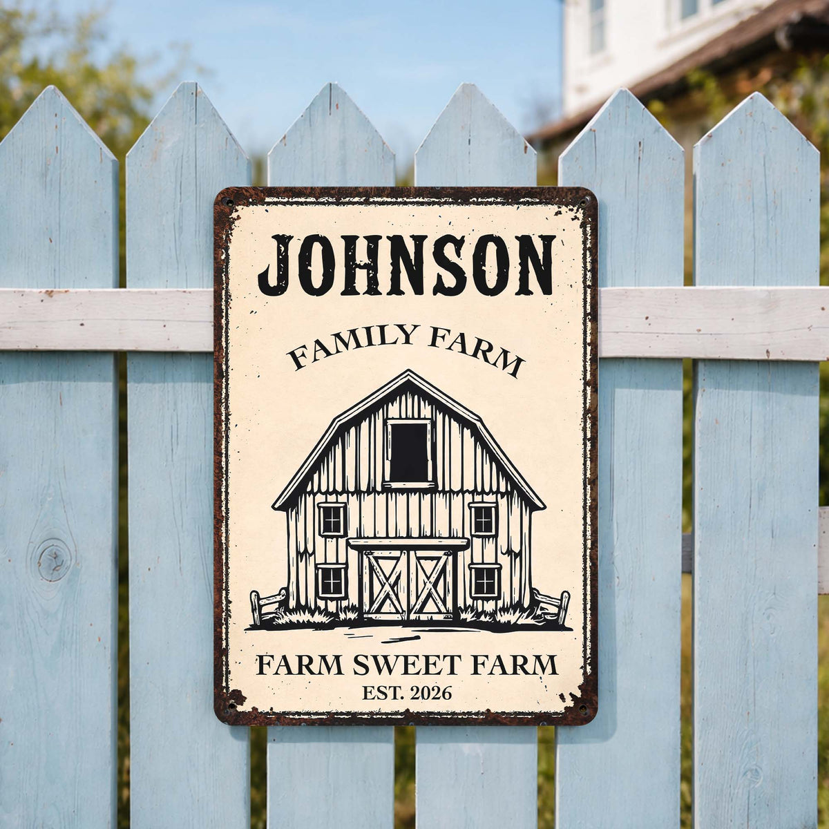 "Farm Sweet Farm" Personalized Metal Sign - Custom Family Name Barn Decor