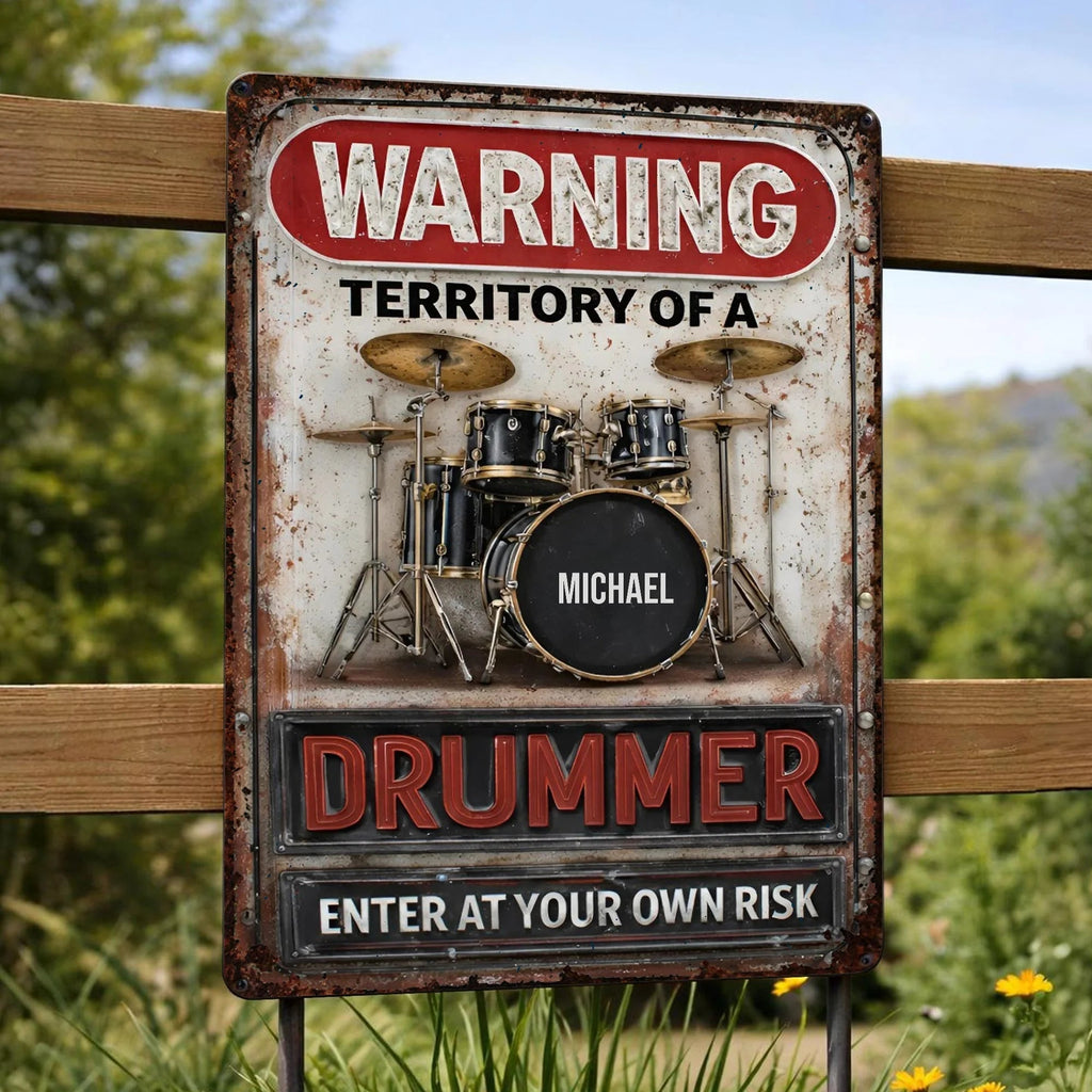 Warning Territory Of A Drummer Personalized Metal Sign - Custom Music Studio Wall Art Gift for Drummers & Musicians