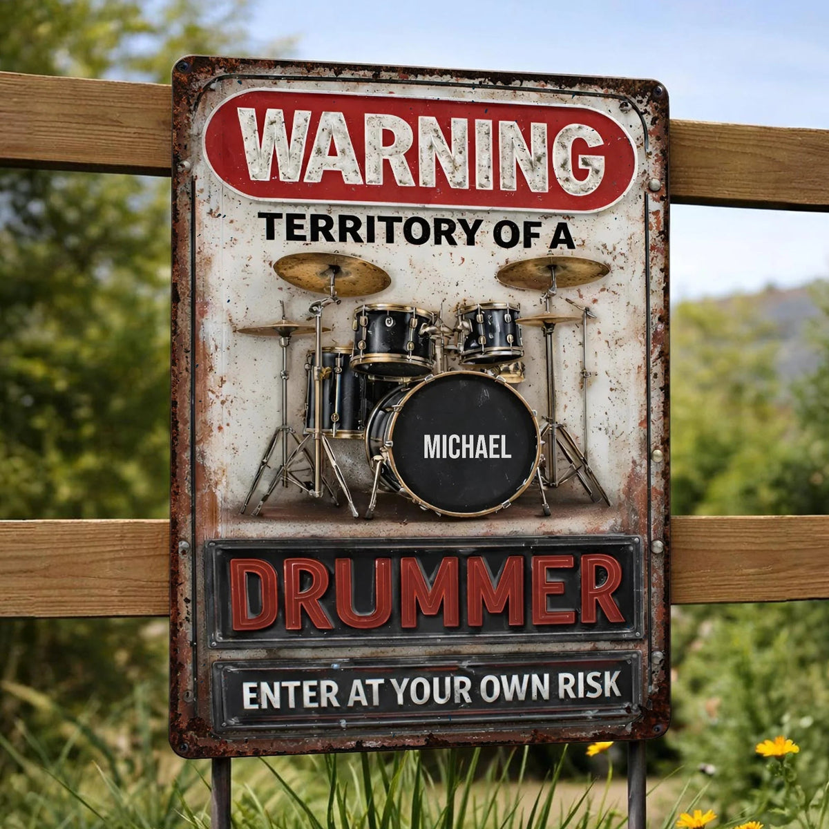 Warning Territory Of A Drummer Personalized Metal Sign - Custom Music Studio Wall Art Gift for Drummers & Musicians
