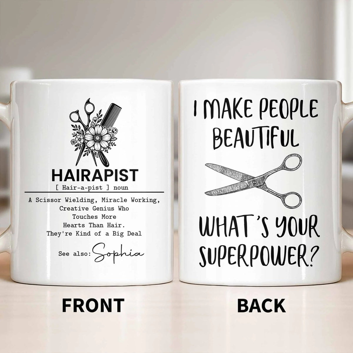 "Hairapist Miracle Worker" Personalized Hair Stylist Mug - Custom Name Gift for Hairdressers & Cosmetologists