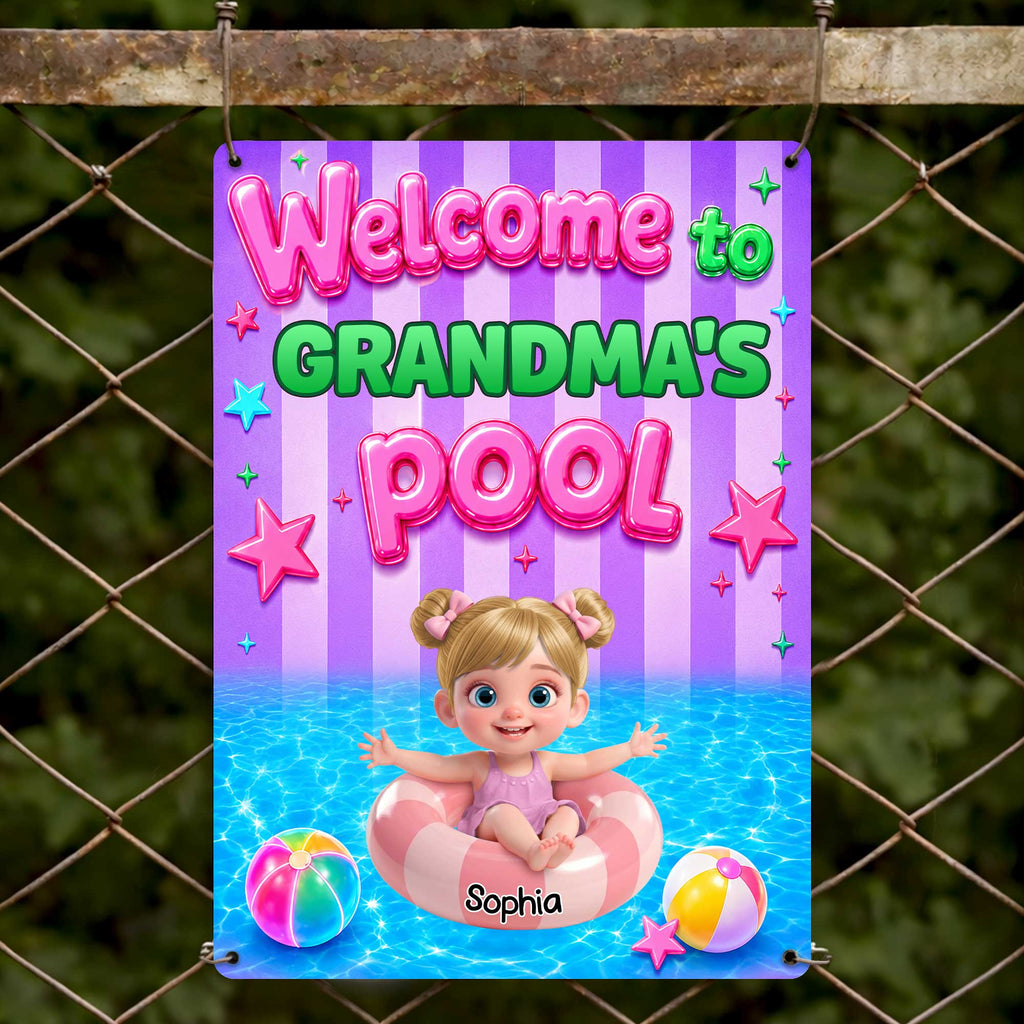 "Welcome to Grandma's Pool" Personalized Metal Sign - Custom Summer Outdoor Pool Decor Gift
