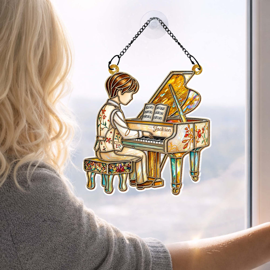 Girl Playing Piano Suncatcher Ornament - Personalized Custom Music Gift for Pianists & Music Lovers