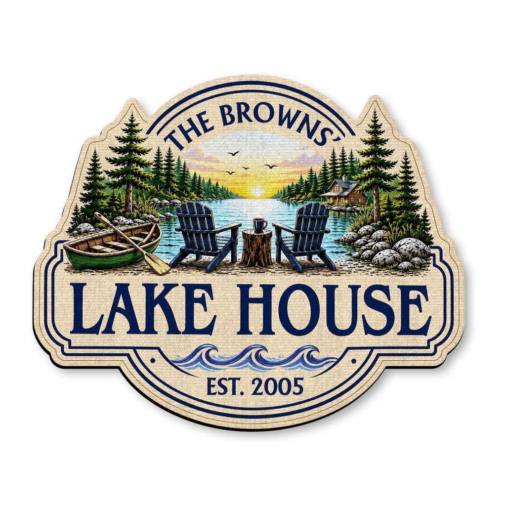 Our Lake House Sunset Adirondack Chairs - Personalized Custom Shaped Doormat Gift for Family