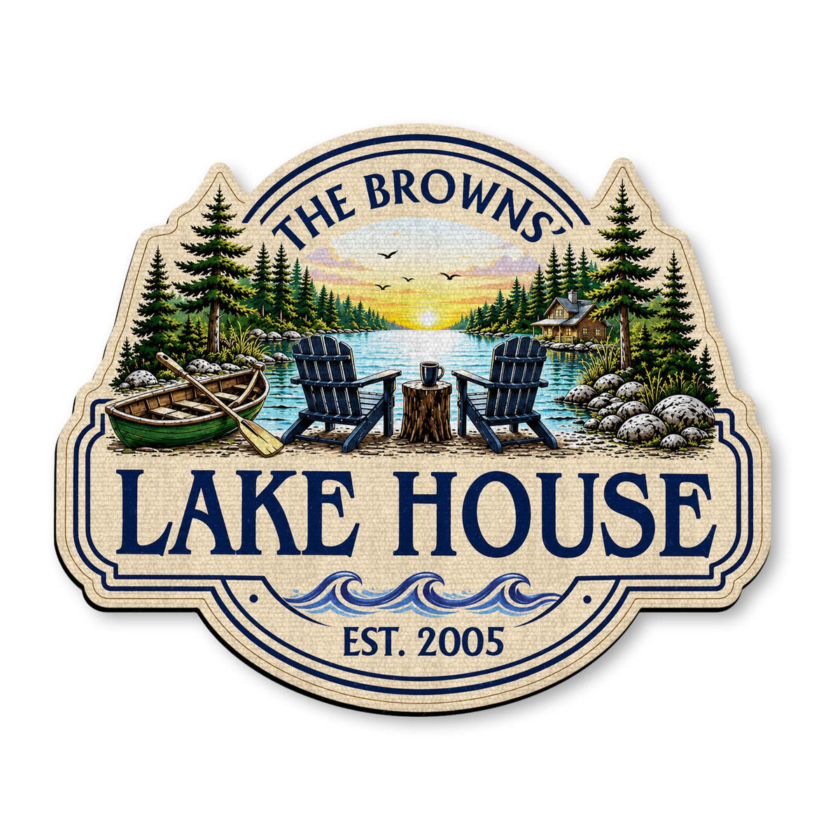 Our Lake House Sunset Adirondack Chairs - Personalized Custom Shaped Doormat Gift for Family