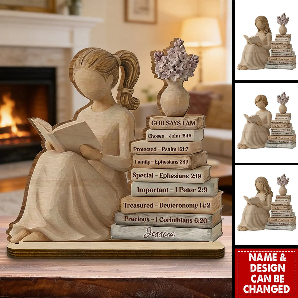 God Says I Am - Personalized Book Stack Wooden Plaque