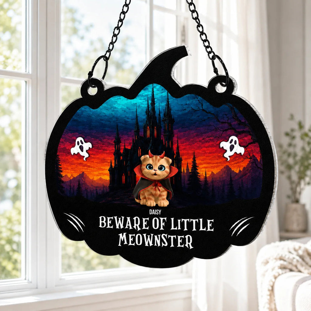 Beware Of Little Meownsters Personalized Suncatcher Ornament - Custom Cat Lovers Halloween Decor