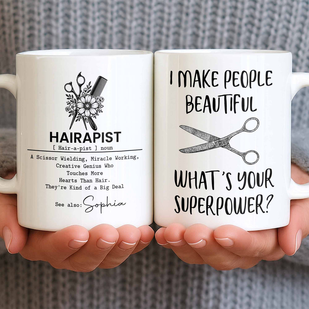 "Hairapist Miracle Worker" Personalized Hair Stylist Mug - Custom Name Gift for Hairdressers & Cosmetologists