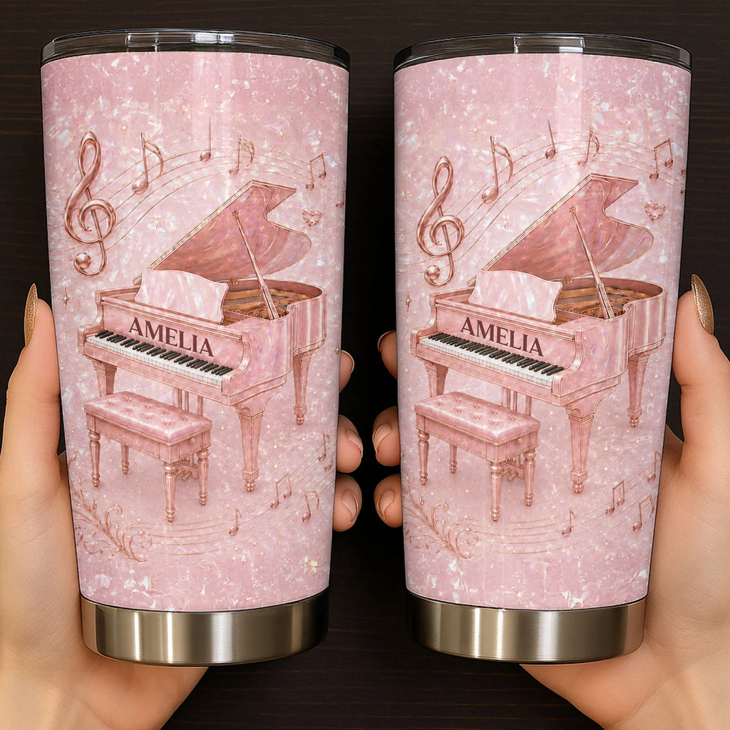 Pink Grand Piano Musical Notes Personalized Tumbler - Custom Gift for Pianist Music Lovers