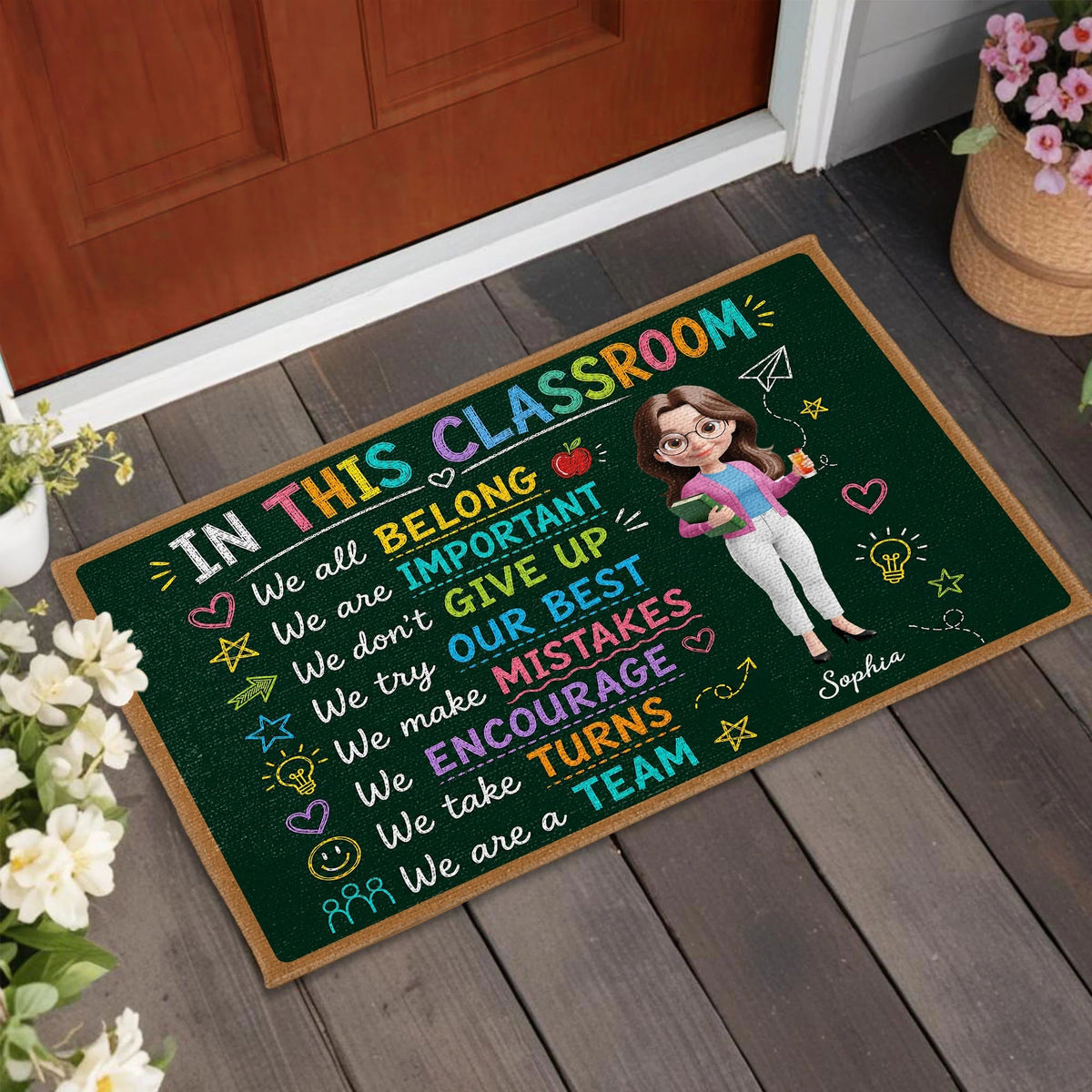 "In This Classroom We All Belong" Personalized Teacher Doormat - Chalkboard Classroom Decor Gift