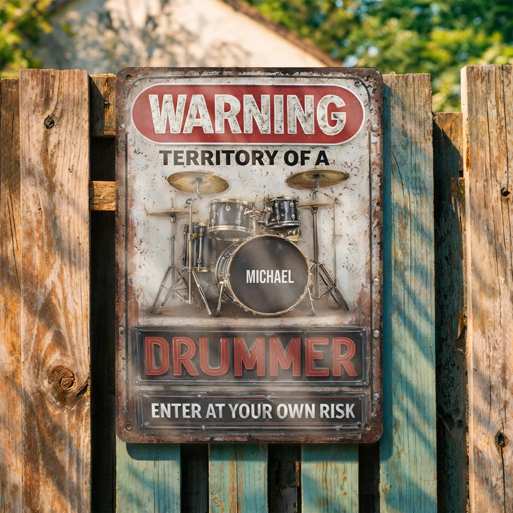 Warning Territory Of A Drummer Personalized Metal Sign - Custom Music Studio Wall Art Gift for Drummers & Musicians