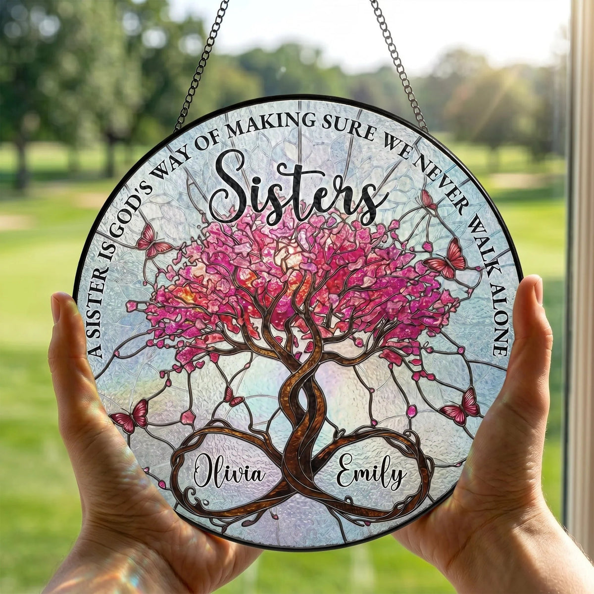 Personalized Sister Tree of Life Stained Glass Suncatcher - Custom Window Hanging Gift for Sisters
