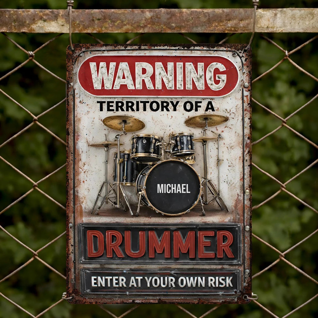 Warning Territory Of A Drummer Personalized Metal Sign - Custom Music Studio Wall Art Gift for Drummers & Musicians
