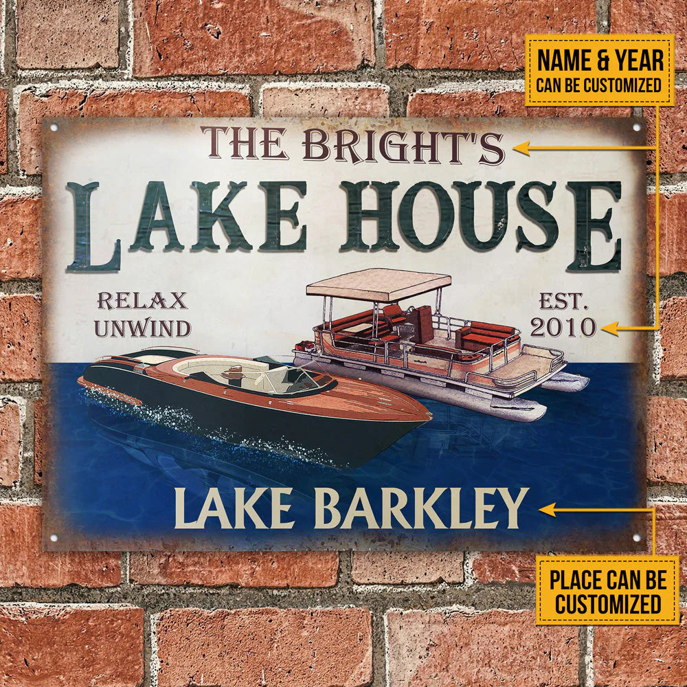 Lake House Relax Unwind Personalized Metal Sign - Custom Pontoon Speedboat Decor Gift