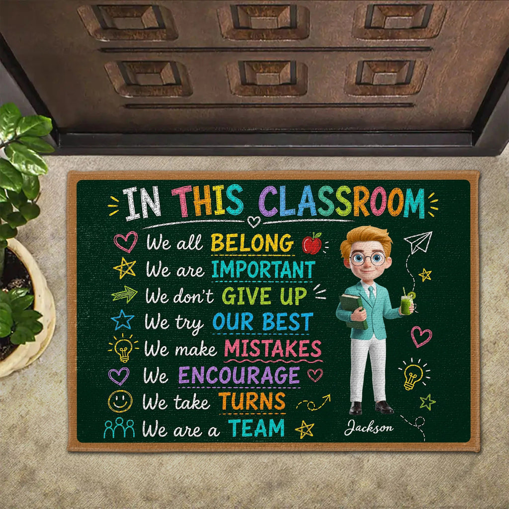 "In This Classroom We All Belong" Personalized Teacher Doormat - Chalkboard Classroom Decor Gift