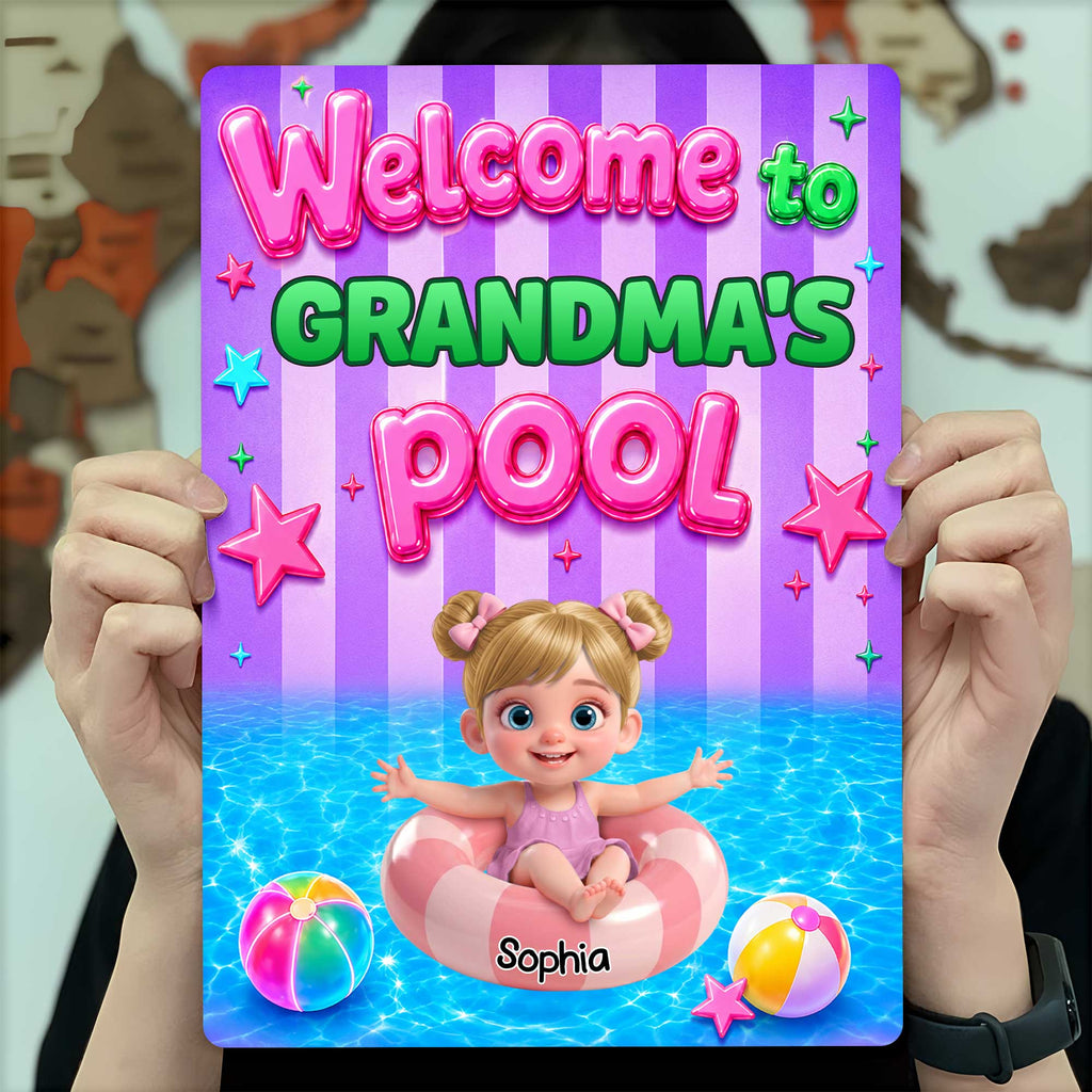 "Welcome to Grandma's Pool" Personalized Metal Sign - Custom Summer Outdoor Pool Decor Gift