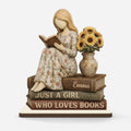 Personalized Book Lover Wooden Plaque - Custom Girl Reading Figurine Desk Gift