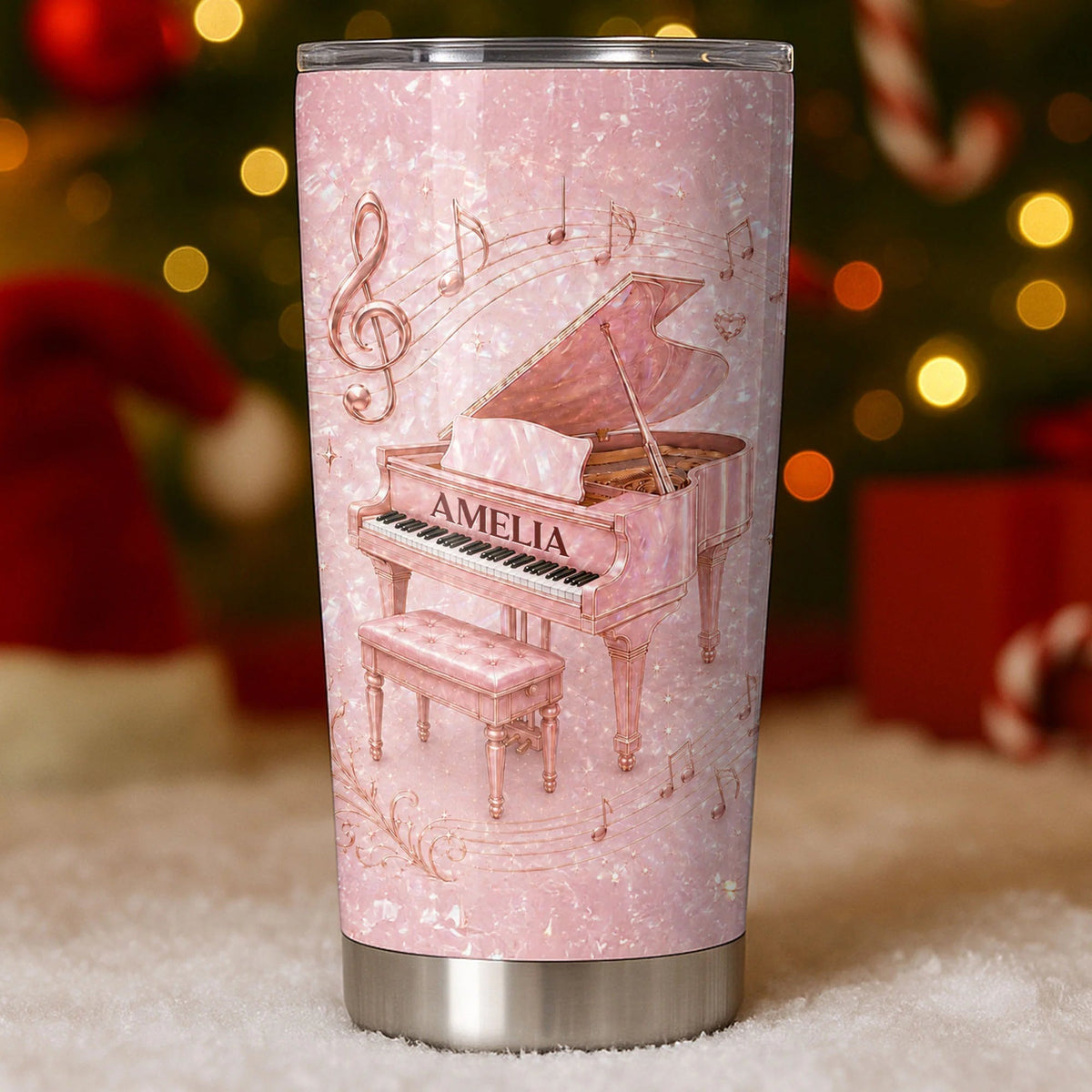 Pink Grand Piano Musical Notes Personalized Tumbler - Custom Gift for Pianist Music Lovers