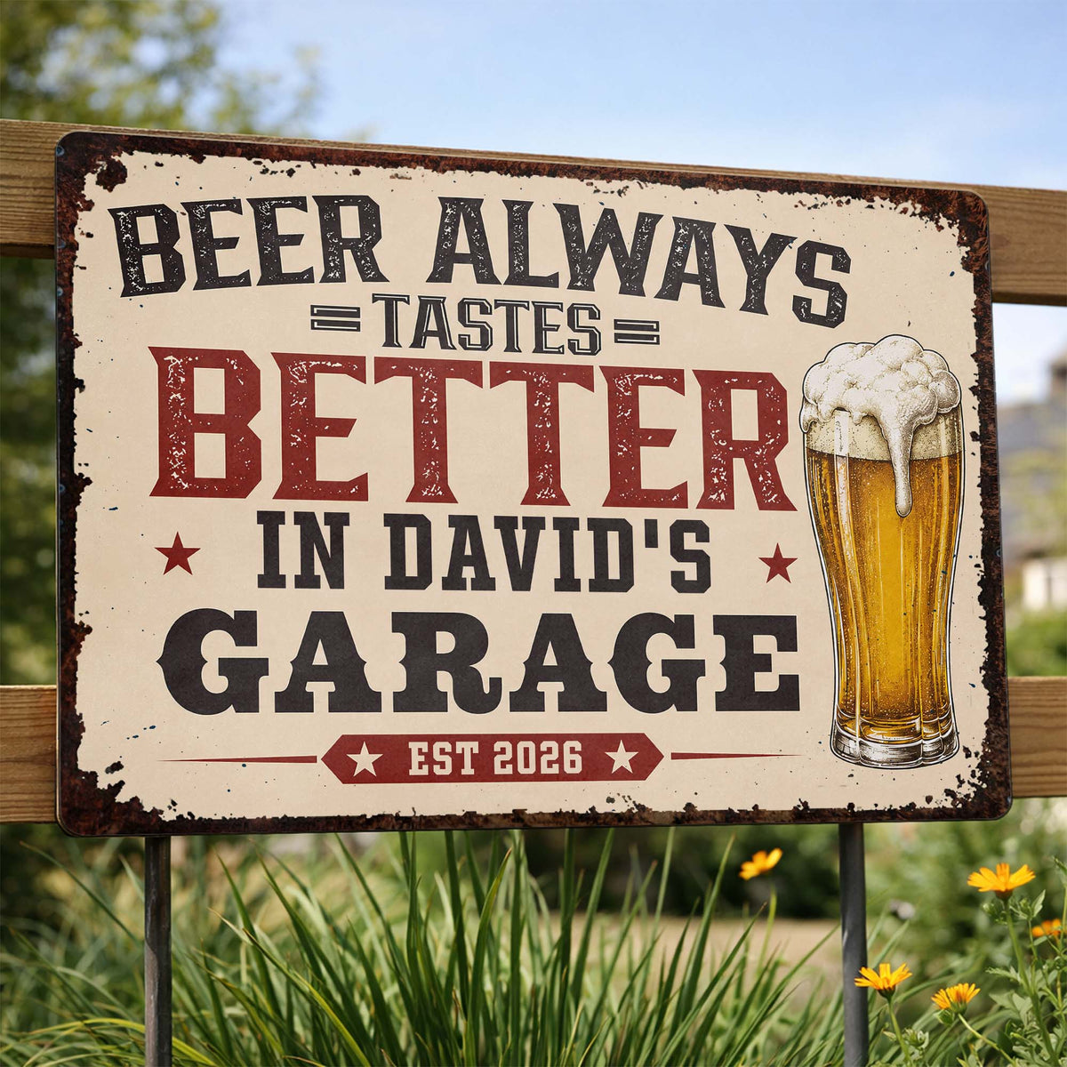 "Beer Tastes Better In My Garage" Personalized Metal Sign - Custom Gift for Beer Lovers
