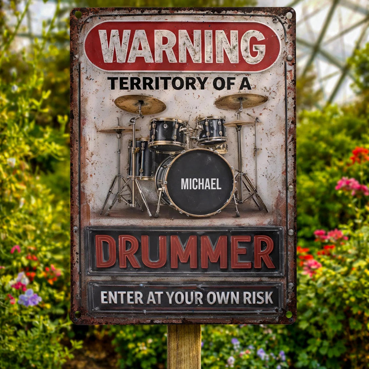 Warning Territory Of A Drummer Personalized Metal Sign - Custom Music Studio Wall Art Gift for Drummers & Musicians