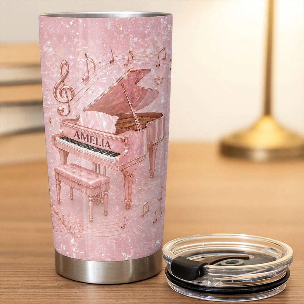 Pink Grand Piano Musical Notes Personalized Tumbler - Custom Gift for Pianist Music Lovers