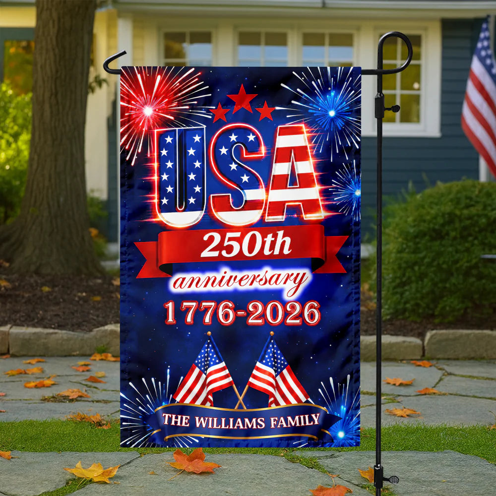 USA 250th Anniversary Personalized Garden Flag - Custom Family Name Fireworks Patriotic Decor