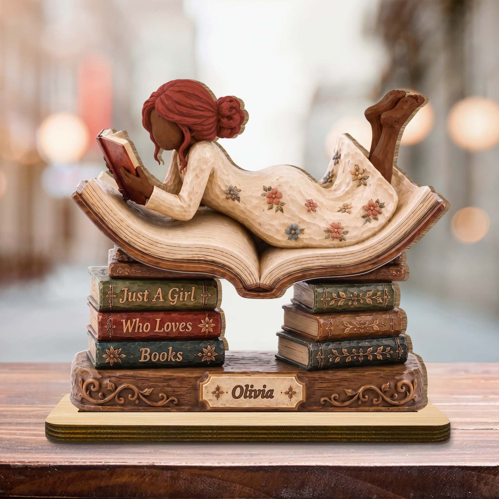 "Just A Girl Who Loves Books" Personalized 2-Layer Wood Plaque - Custom Book Lover Gift for Readers & Bookworms
